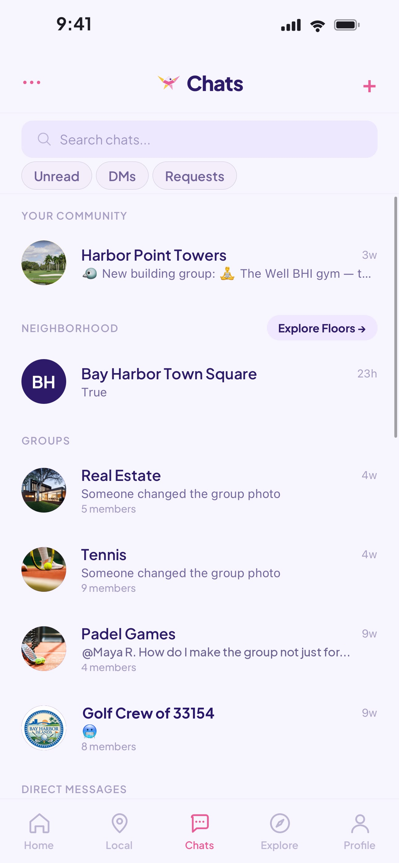 Chirp chats screen showing building, neighborhood, and interest group conversations