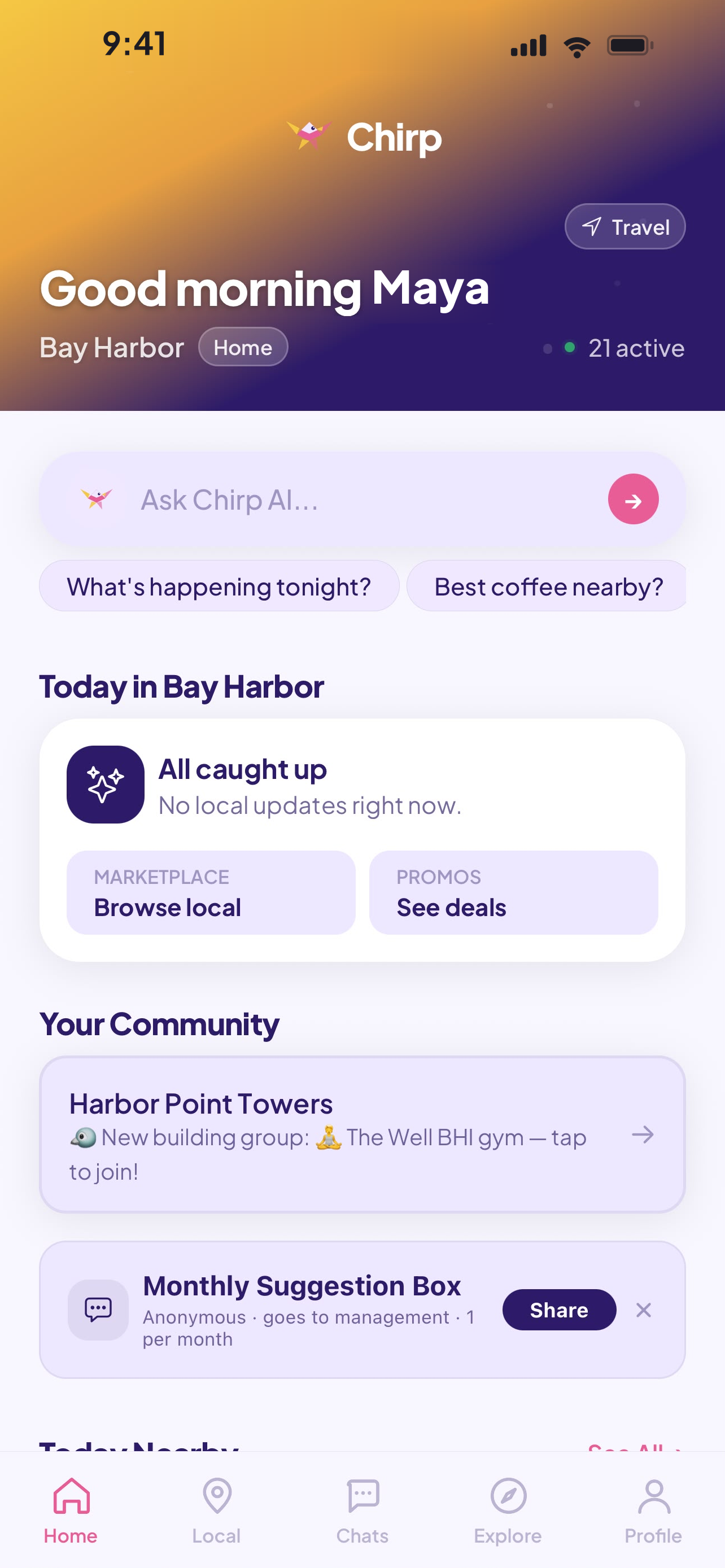 Chirp home screen with neighborhood highlights and a building community